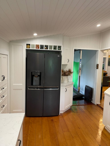 White Kitchen with Black appliances designed and built by Gecko Kitchens Brisbane.
