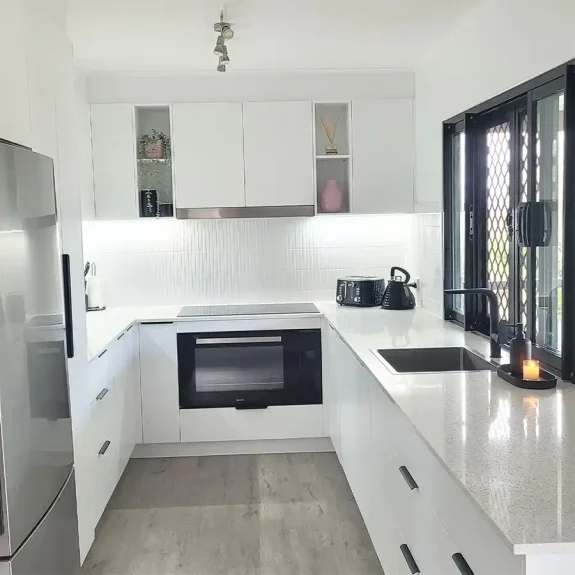 Kitchen renovation in white with features designed and installed by Gecko Kitchens in Brisbane,