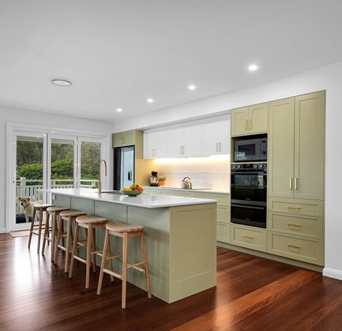 Gecko Kitchens | Reno Revival Gecko Kitchens contracted by Reno Revivals for this lovely kitchen in Dulux Cabbage Green and Dulux Vivid White